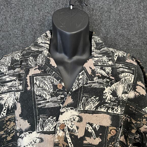 Bobby Chan Silk Hawaiian Shirt Men’s L Black Tan Palm Tree Aloha Friday - Picture 4 of 11